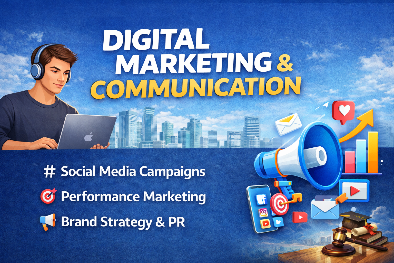 Digital marketing and communication concept with social media, SEO, and online advertising icons